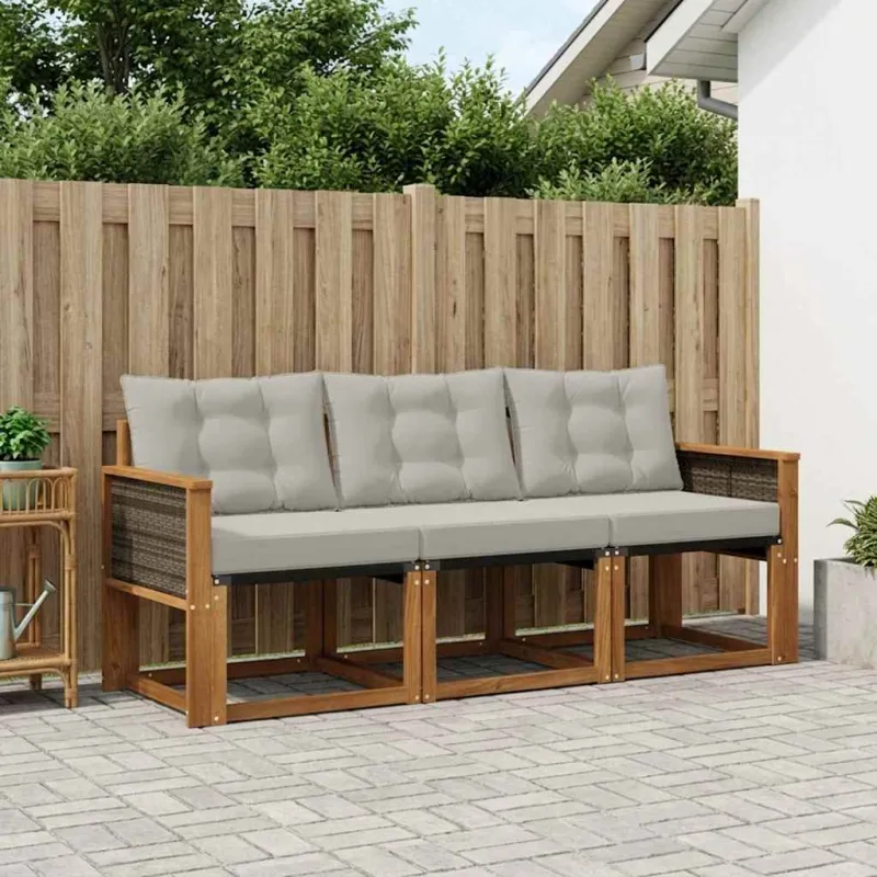 Lauko sofos komplektas 3 pcs Natūrali ir šviesiai pilka