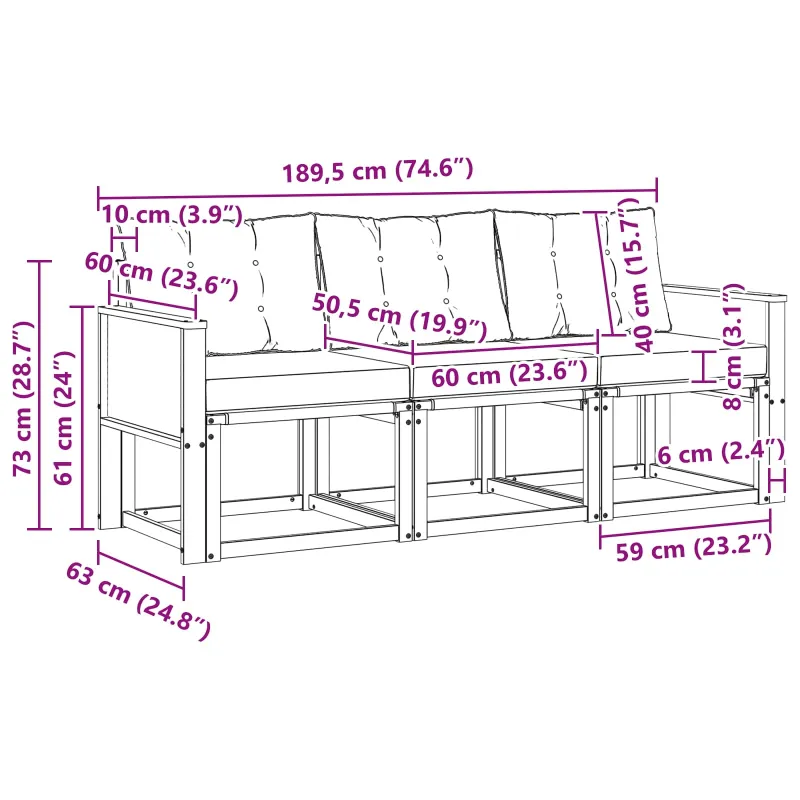 Lauko sofos komplektas su pagalve 3 pcs Natūrali ir juoda