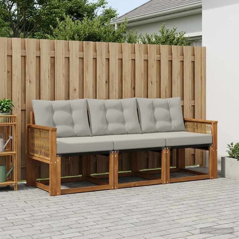 Lauko sofos komplektas 3 pcs Natūrali ir šviesiai pilka