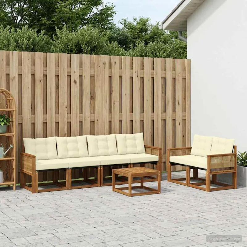 Lauko sofos komplektas su pagalve 7 pcs Natūralus ir grietinėlė