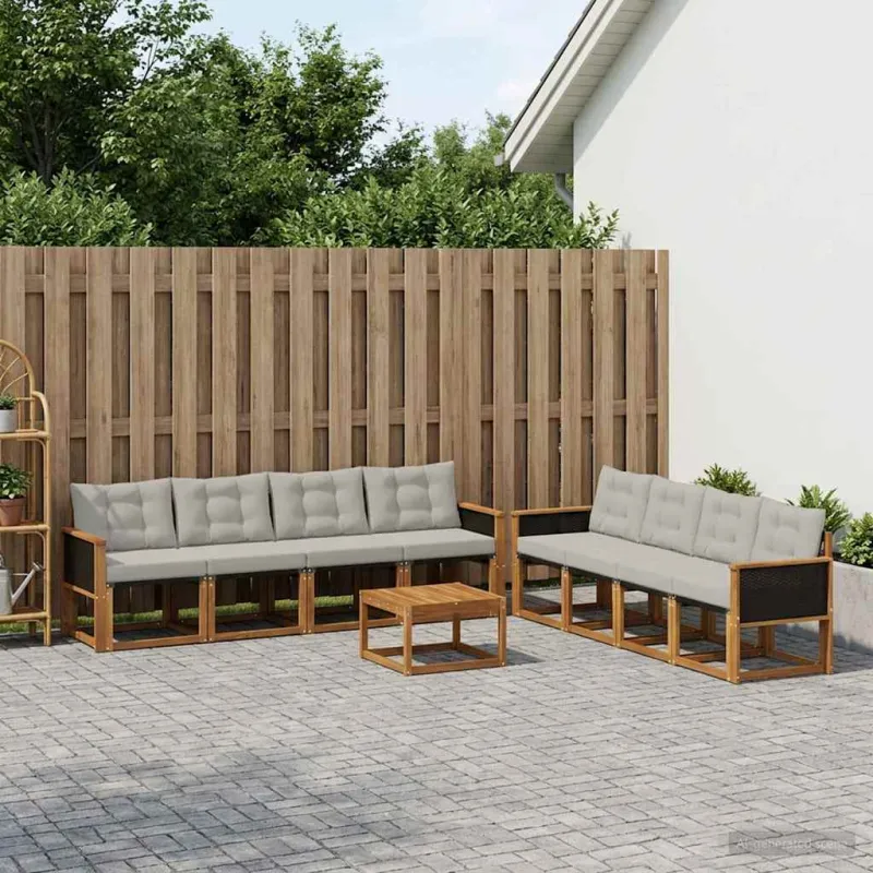 Lauko sofos komplektas 9 pcs Natūrali ir šviesiai pilka