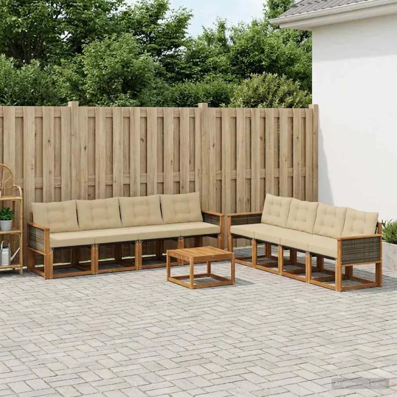 Lauko sofos komplektas su pagalve 9 pcs Natūralus ir bežinis
