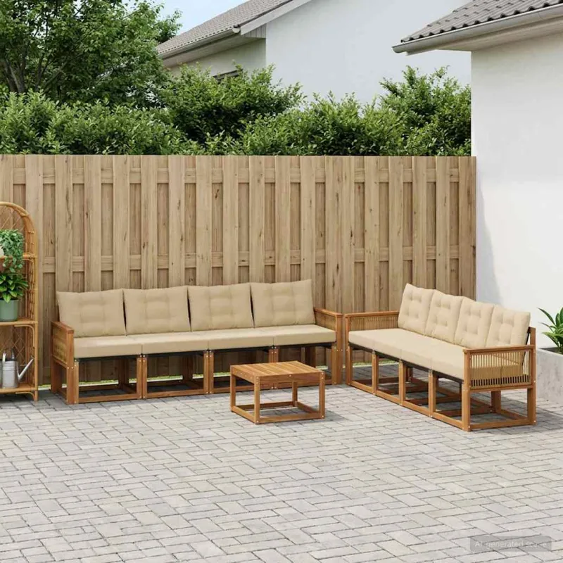 Lauko sofos komplektas su pagalve 9 pcs Natūralus ir bežinis