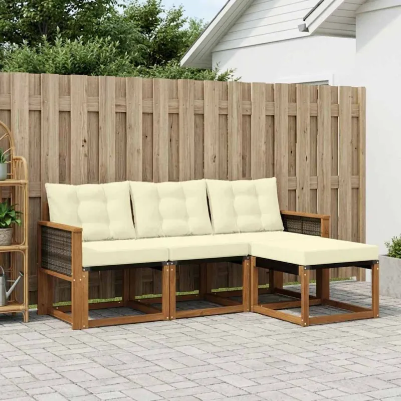 Lauko sofos komplektas su pagalve 4 pcs Natūralus ir grietinėlė