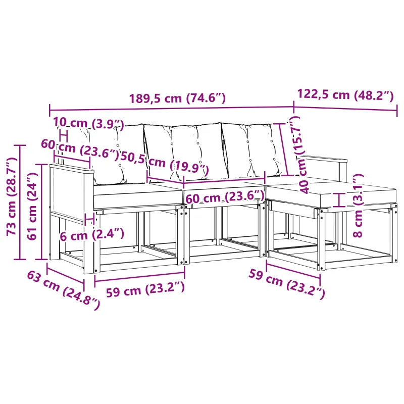 Lauko sofos komplektas 4 pcs Natūrali ir šviesiai pilka
