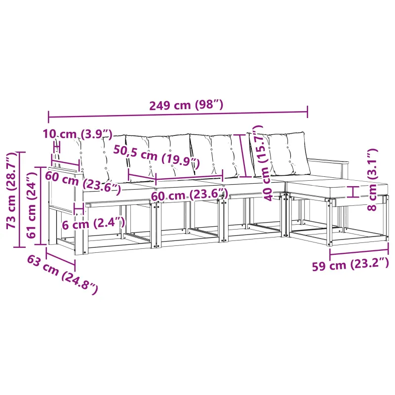 Lauko sofos komplektas 5 pcs Natūrali ir šviesiai pilka