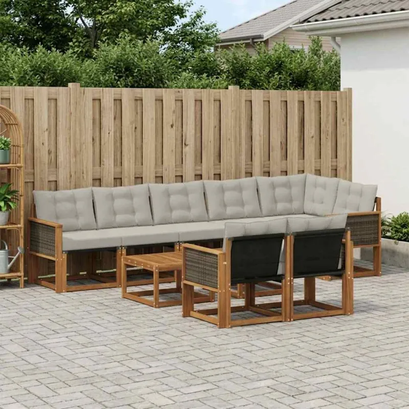 Lauko sofos komplektas 9 pcs Natūrali ir šviesiai pilka