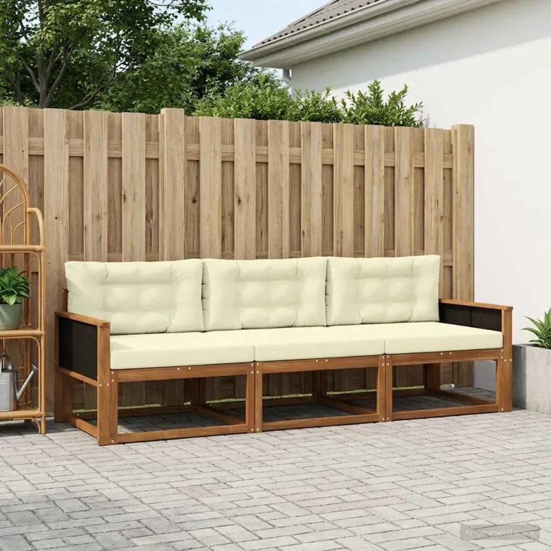 Lauko sofos komplektas su pagalve 3 pcs Natūralus ir grietinėlė