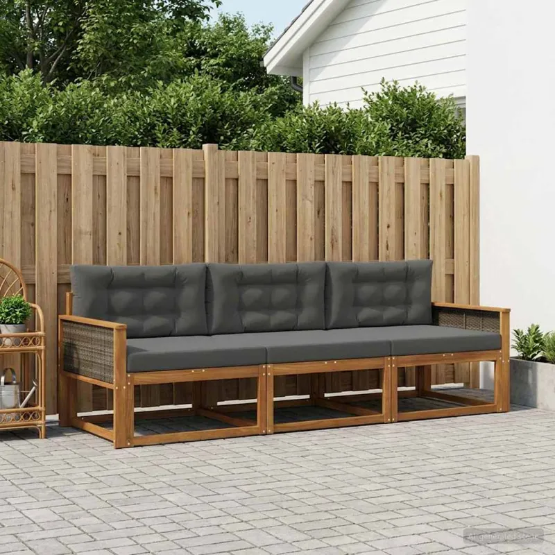 Lauko sofos komplektas su pagalve 3 pcs Natūralus ir antracitas