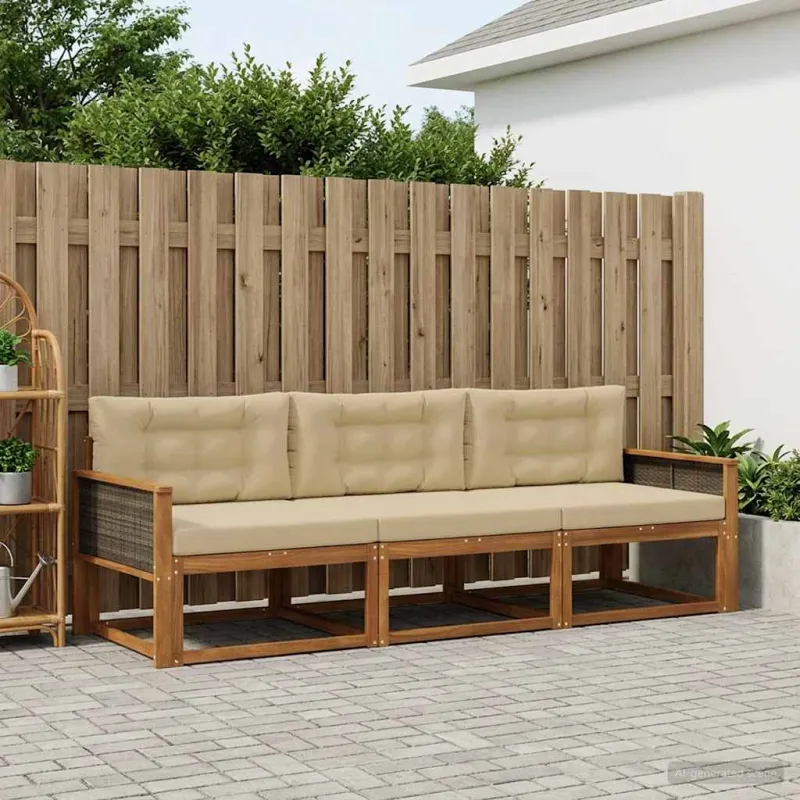 Lauko sofos komplektas su pagalve 3 pcs Natūralus ir bežinis