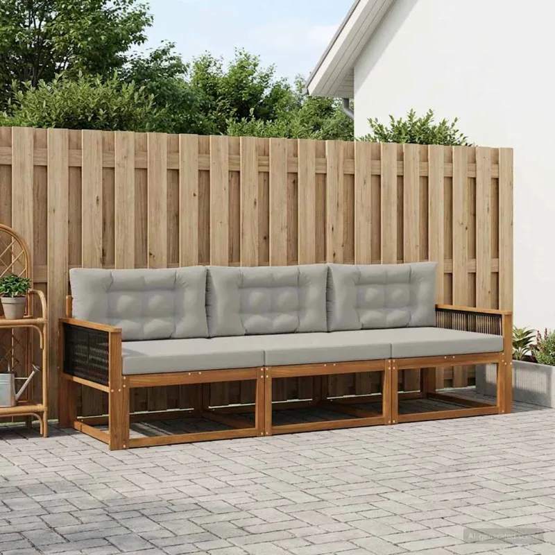 Lauko sofos komplektas 3 pcs Natūrali ir Šviesiai pilka