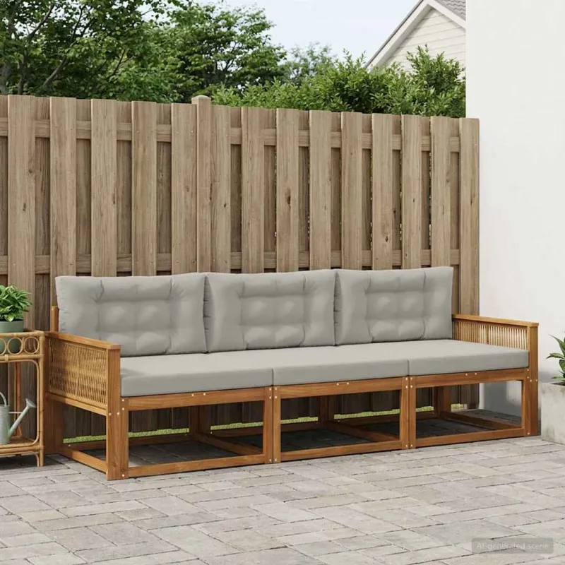 Lauko sofos komplektas 3 pcs Natūrali ir Šviesiai pilka