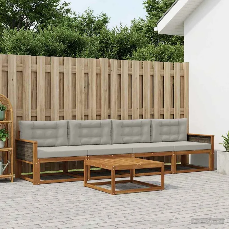 Lauko sofos komplektas 5 pcs Natūrali ir Šviesiai pilka