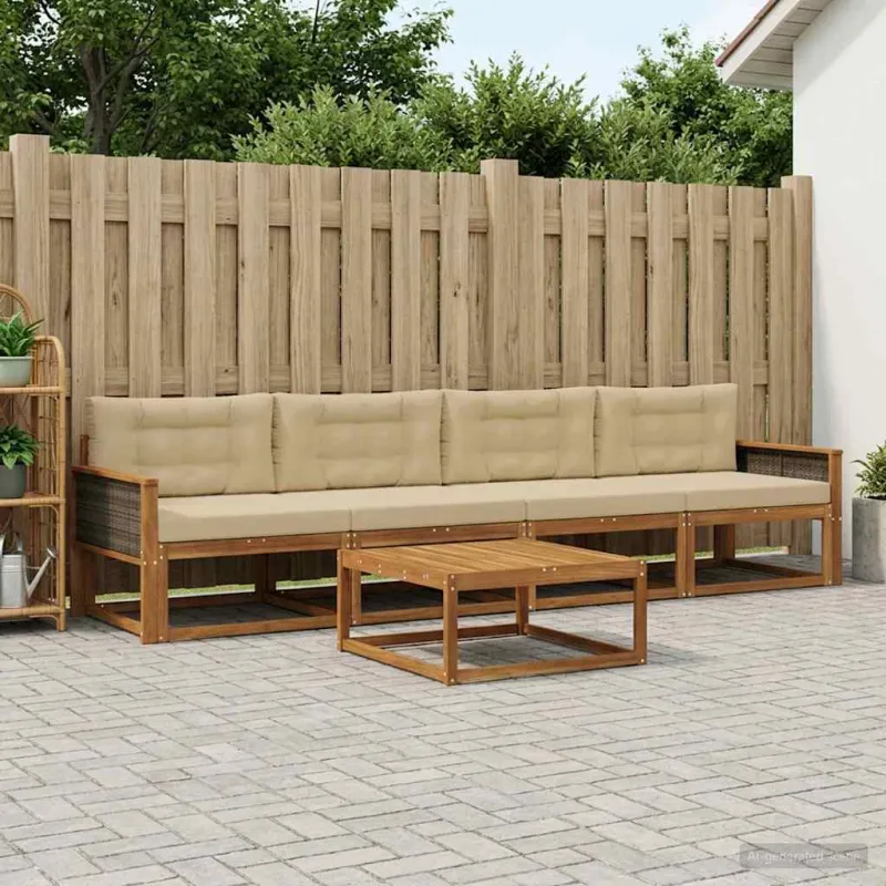 Lauko sofos komplektas su pagalve 5 pcs Natūralus ir bežinis