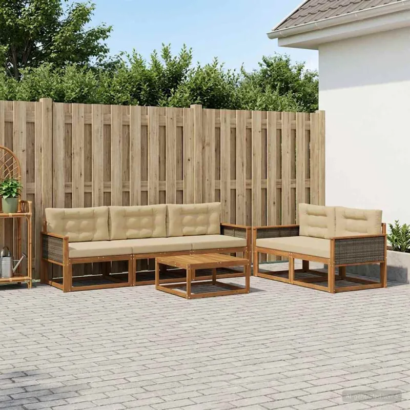 Lauko sofos komplektas su pagalve 6 pcs Natūralus ir bežinis