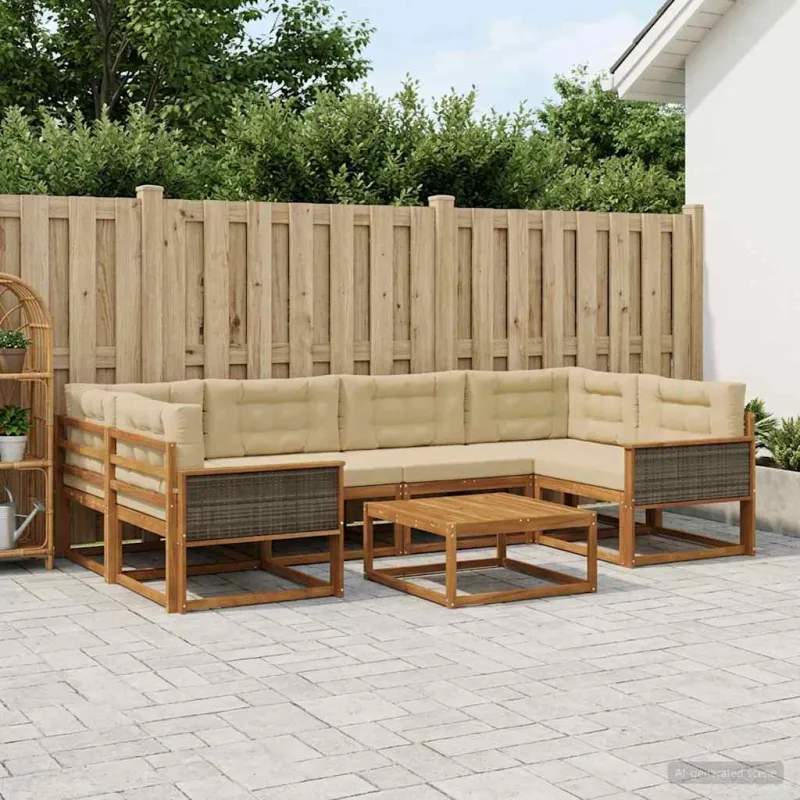 Lauko sofos komplektas su pagalve 7 pcs Natūralus ir bežinis