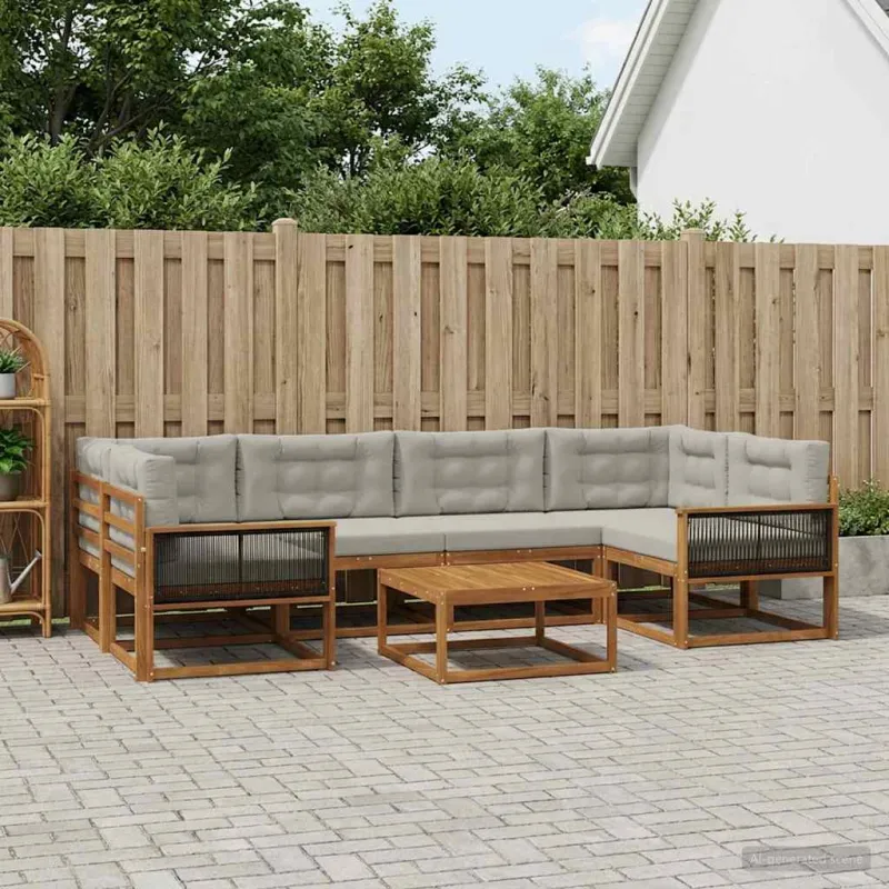 Lauko sofos komplektas 7 pcs Natūrali ir Šviesiai pilka