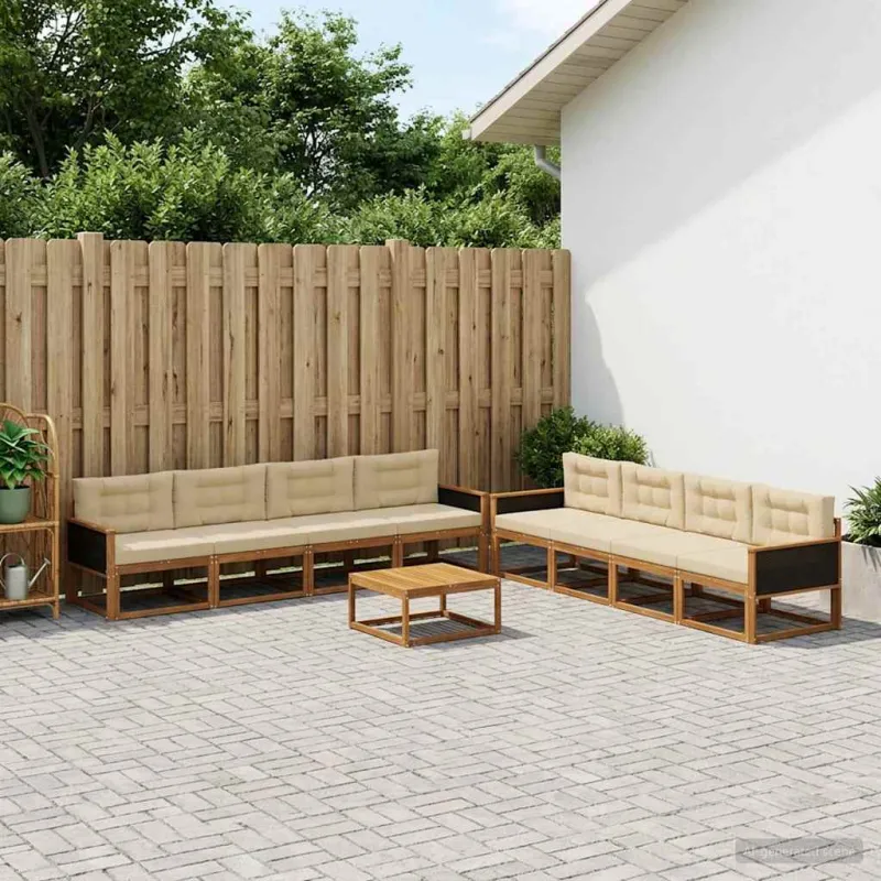 Lauko sofos komplektas su pagalve 9 pcs Natūralus ir bežinis