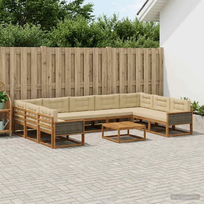 Lauko sofos komplektas su pagalve 10 pcs Natūralus ir bežinis