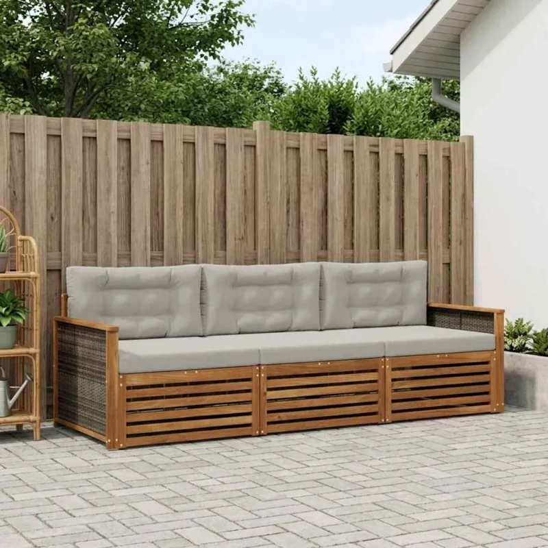 Lauko sofos komplektas 3 pcs Natūrali ir šviesiai pilka