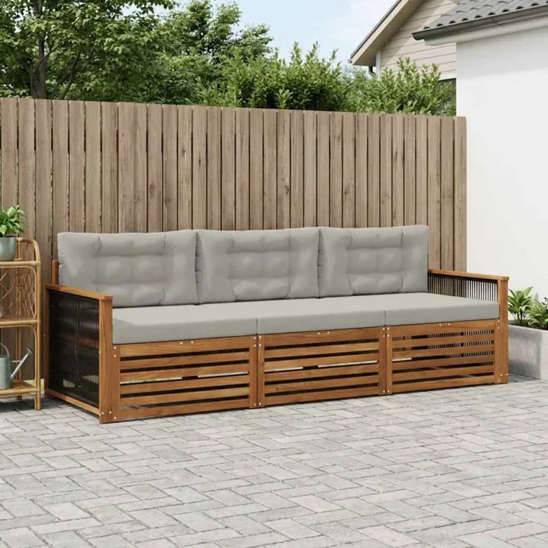 Lauko sofos komplektas 3 pcs Natūrali ir šviesiai pilka