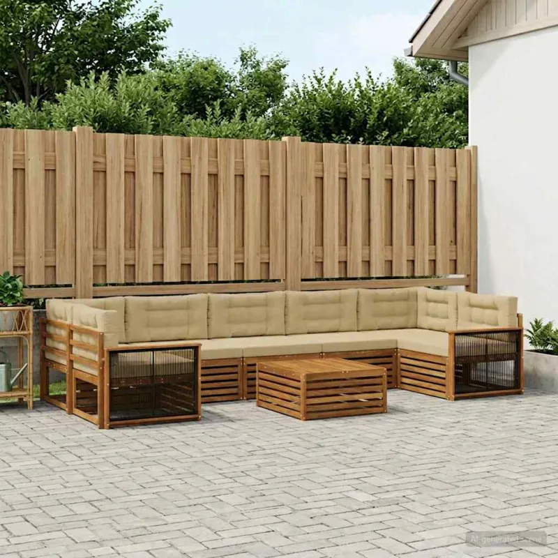 Lauko sofos komplektas su pagalve 8 pcs Natūralus ir bežinis