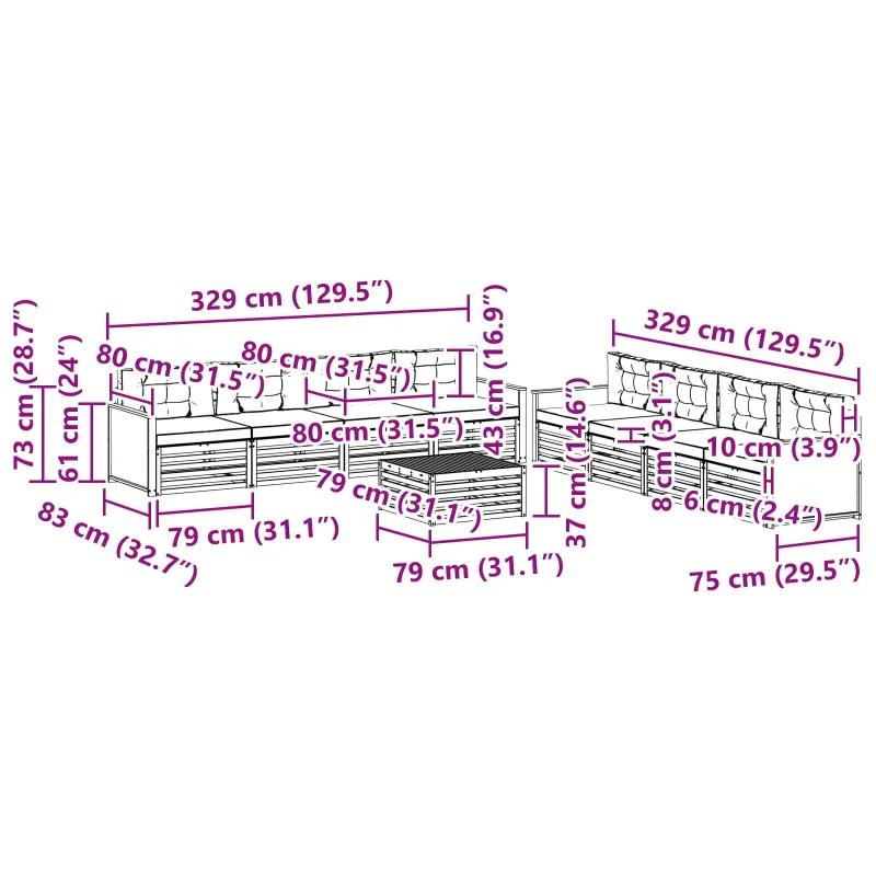 Lauko sofos komplektas 9 pcs Natūrali ir šviesiai pilka