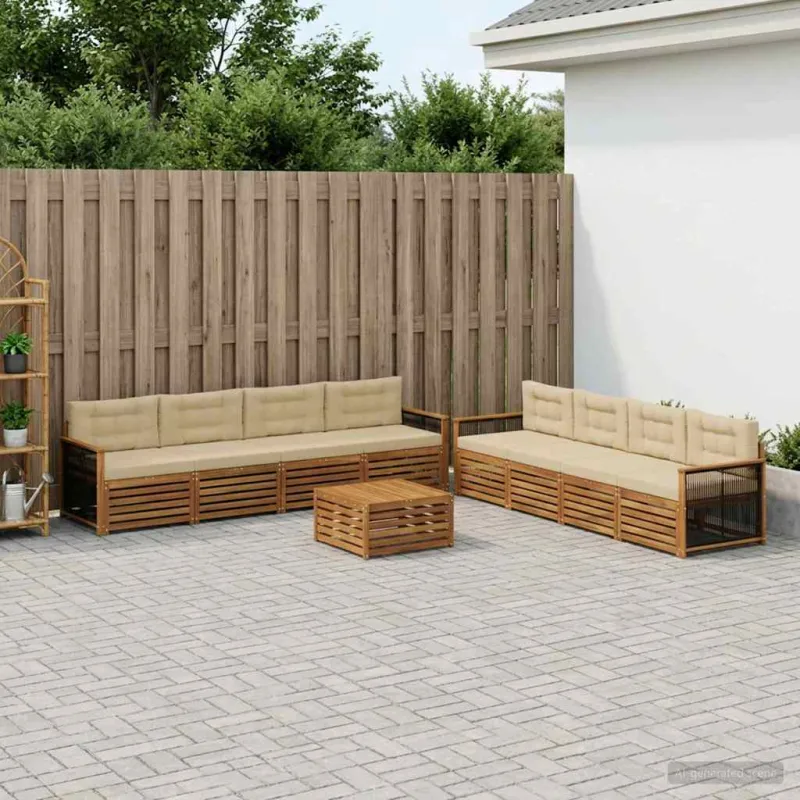 Lauko sofos komplektas su pagalve 9 pcs Natūralus ir bežinis