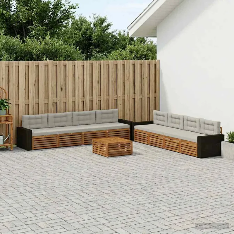 Lauko sofos komplektas 9 pcs Natūrali ir šviesiai pilka