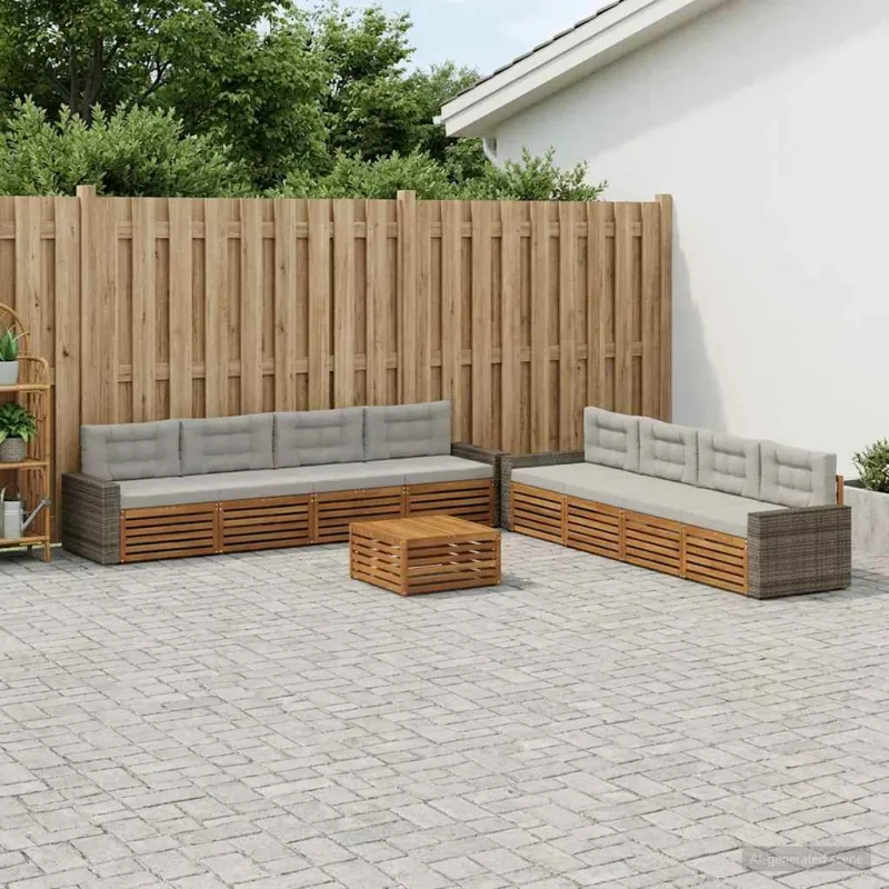 Lauko sofos komplektas 9 pcs Natūrali ir šviesiai pilka