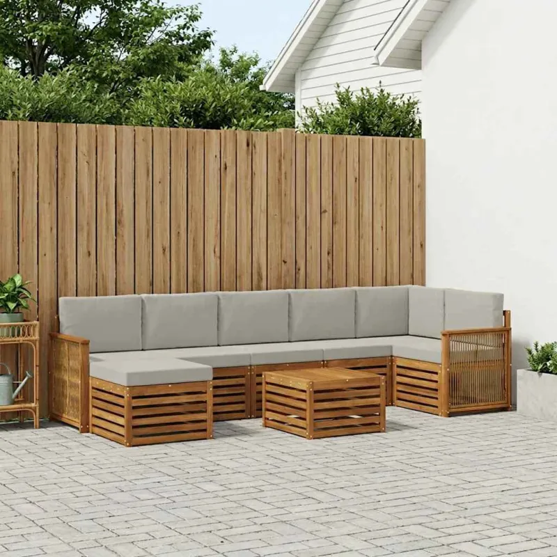Lauko sofos komplektas 7 pcs Natūrali ir šviesiai pilka