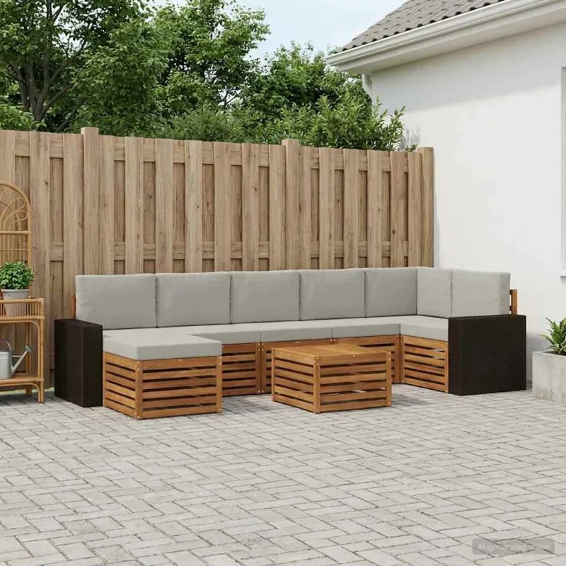Lauko sofos komplektas 8 pcs Natūrali ir šviesiai pilka