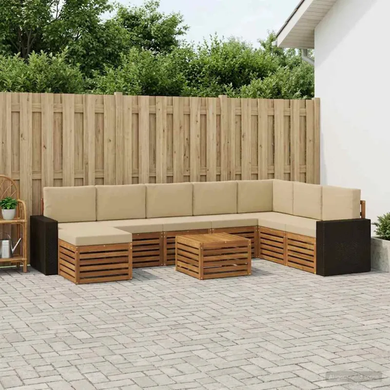Lauko sofos komplektas su pagalve 9 pcs Natūralus ir bežinis