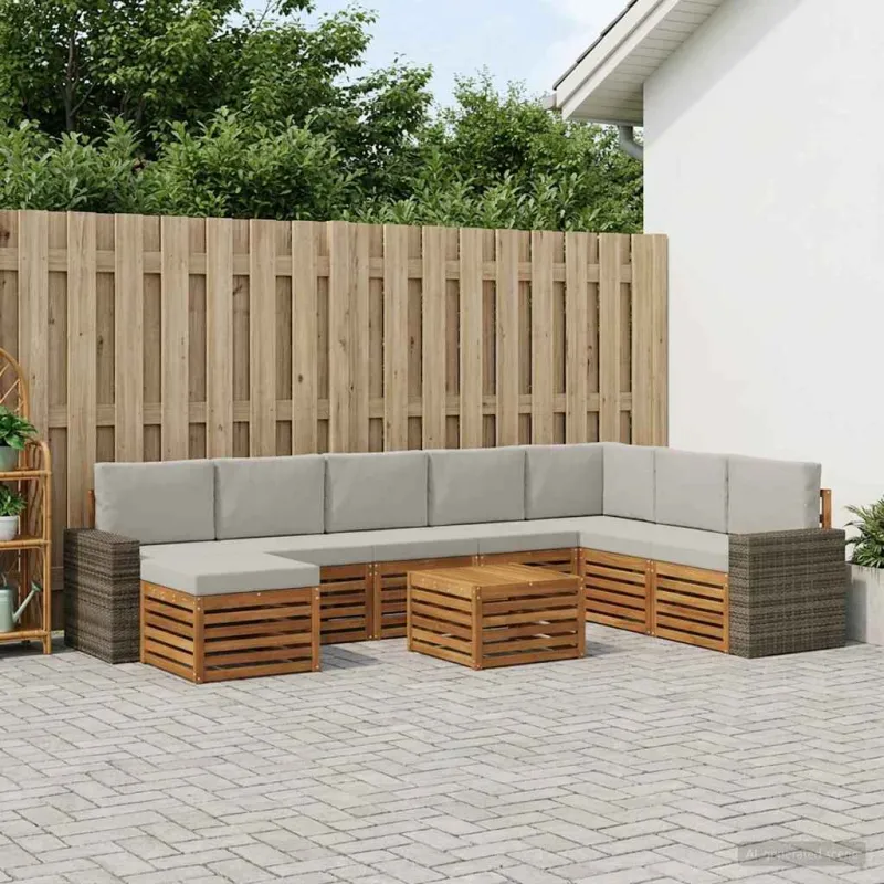 Lauko sofos komplektas 9 pcs Natūrali ir šviesiai pilka