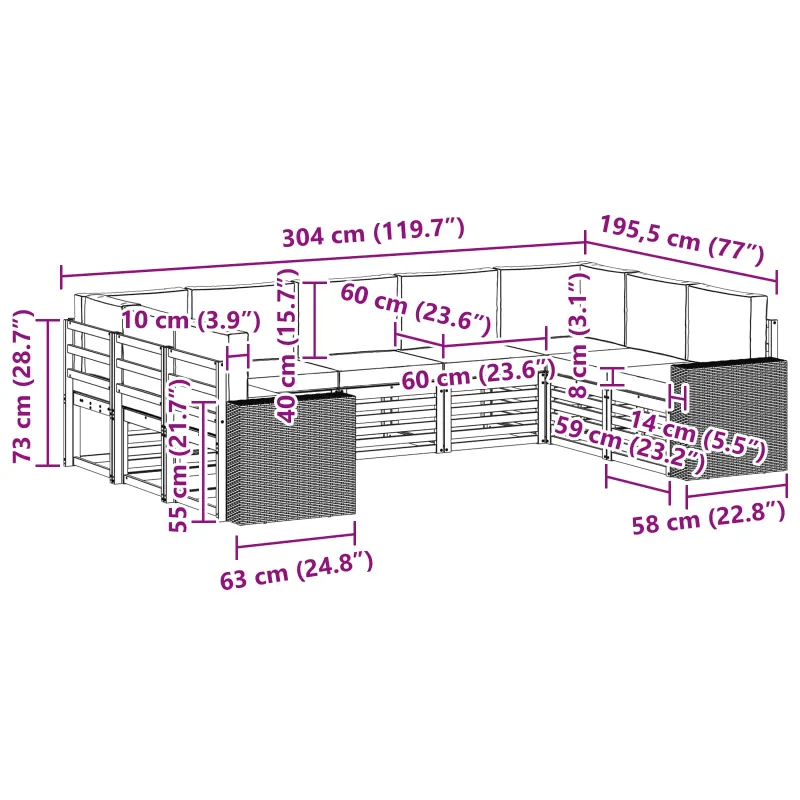 Sekcijos sofų komplektas 9 pcs Natūralus ir antracitas