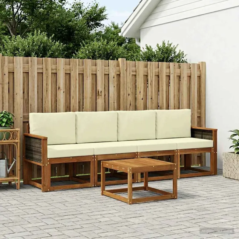 Lauko sofos komplektas su pagalve 4 pcs Natūralus ir grietinėlė