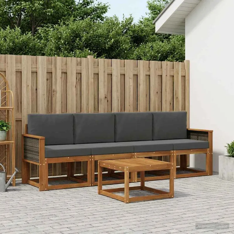 Lauko sofos komplektas su pagalve 4 pcs Natūralus ir antracitas