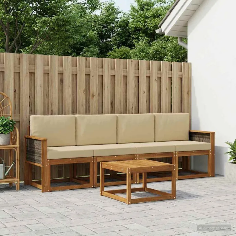 Lauko sofos komplektas su pagalve 4 pcs Natūrali