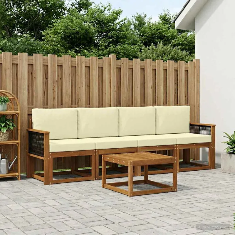 Lauko sofos komplektas su pagalve 4 pcs Natūralus ir grietinėlė
