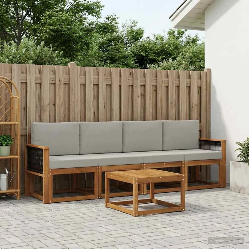 Lauko sofos komplektas 4 pcs Natūrali ir šviesiai pilka