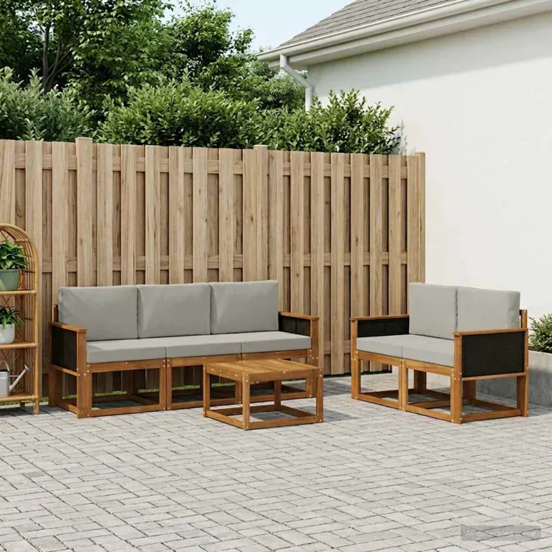 Lauko sofos komplektas 6 pcs Natūrali ir šviesiai pilka
