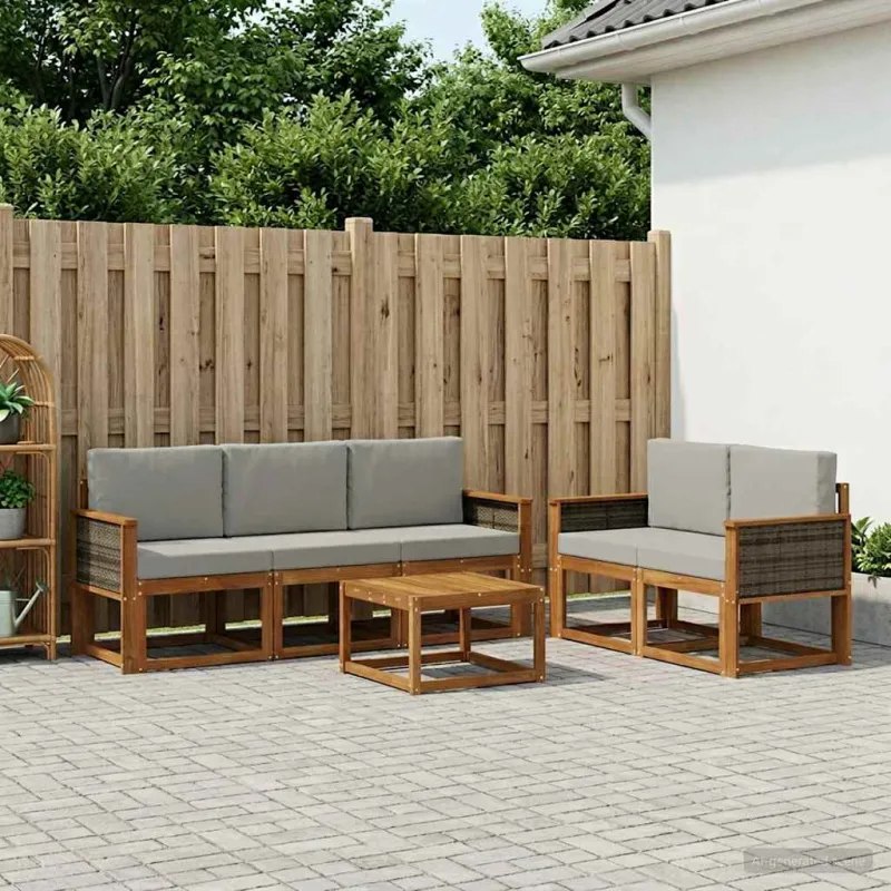 Lauko sofos komplektas 6 pcs Natūrali ir šviesiai pilka