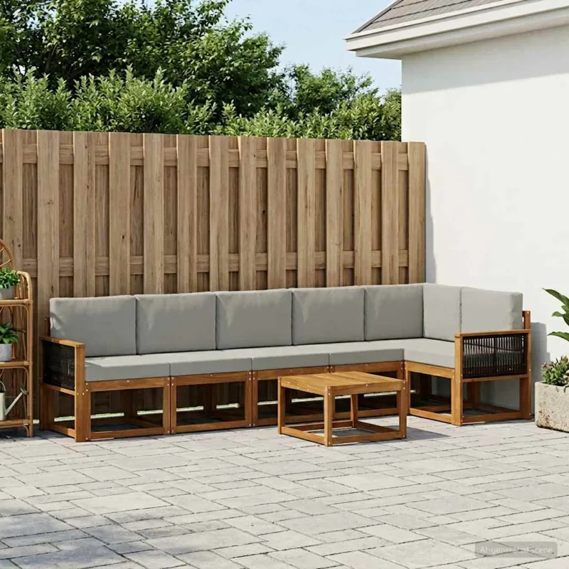 Lauko sofos komplektas 7 pcs Natūrali ir šviesiai pilka