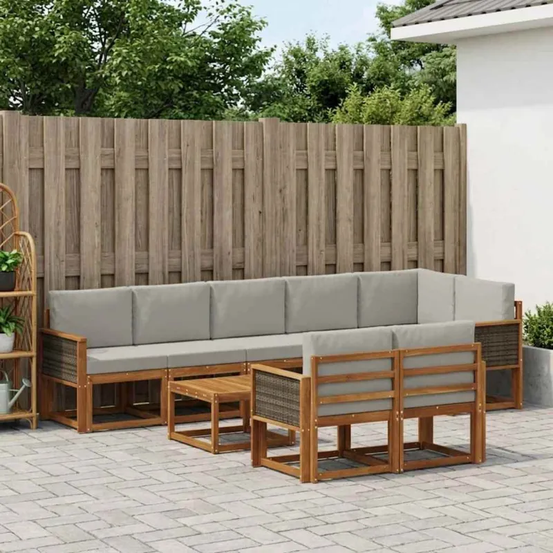 Lauko sofos komplektas 9 pcs Natūrali ir šviesiai pilka