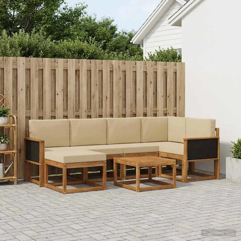 Lauko sofos komplektas su pagalve 7 pcs Natūralus ir bežinis