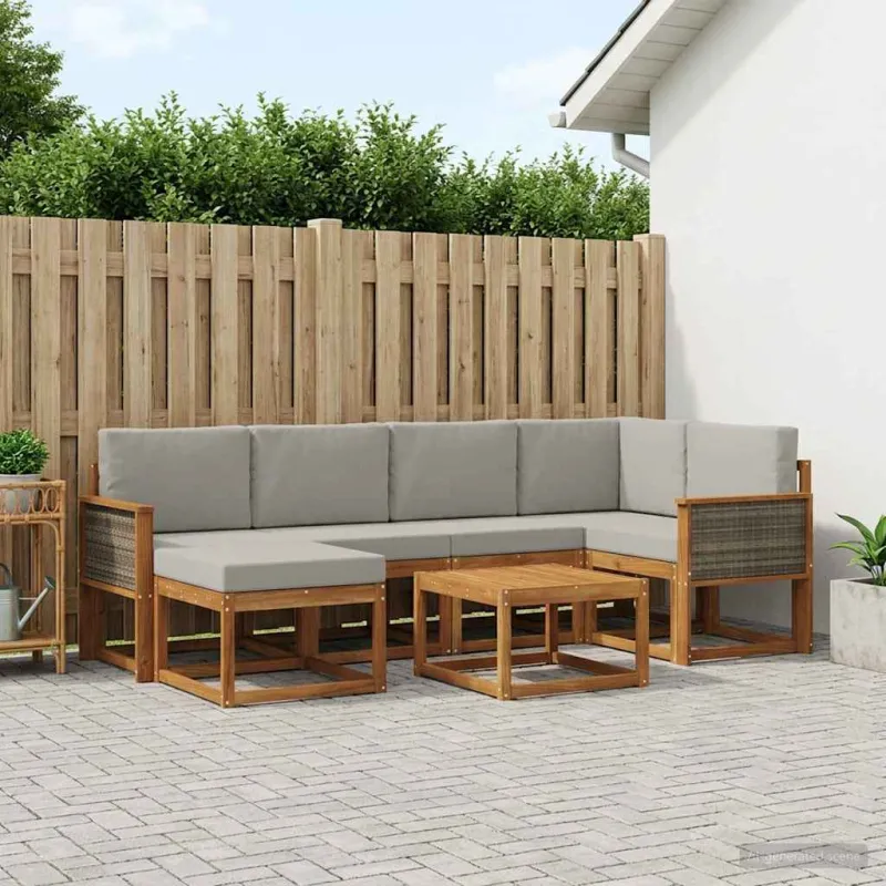 Lauko sofos komplektas 7 pcs Natūrali ir šviesiai pilka