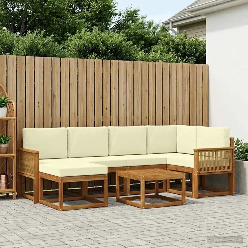 Lauko sofos komplektas su pagalve 7 pcs Natūralus ir grietinėlė