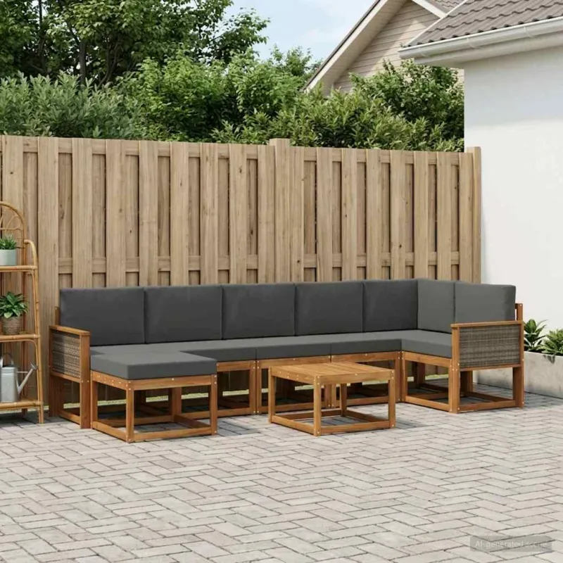Lauko sofos komplektas su pagalve 8 pcs Natūralus ir antracitas