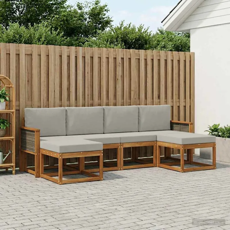 Lauko sofos komplektas 6 pcs Natūrali ir šviesiai pilka
