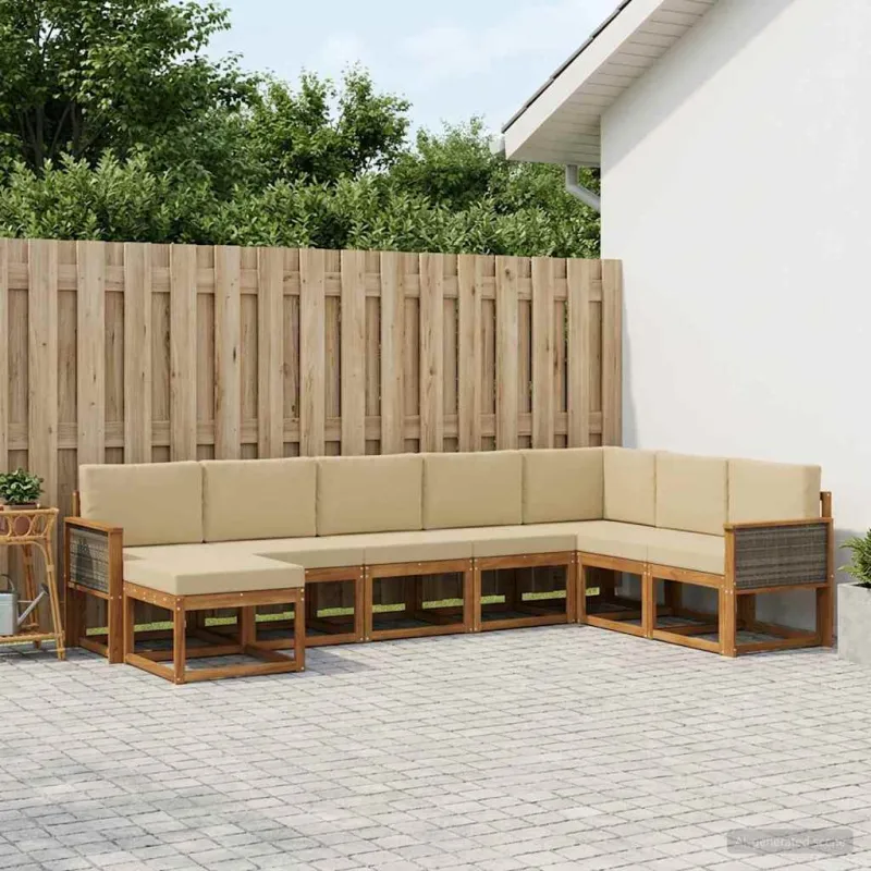 Lauko sofos komplektas su pagalve 8 pcs Natūralus ir bežinis